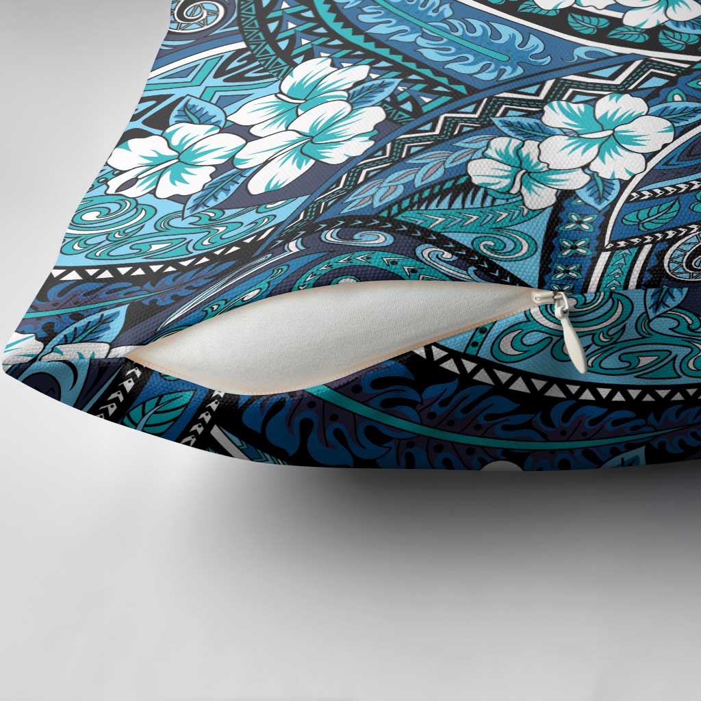 Polynesian Hibiscus Tropical Blue Floral Pillow Cover Tribal Pattern - Polynesian Pride