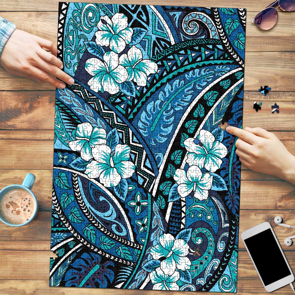 Polynesian Hibiscus Tropical Blue Floral Puzzle Tribal Pattern - Polynesian Pride