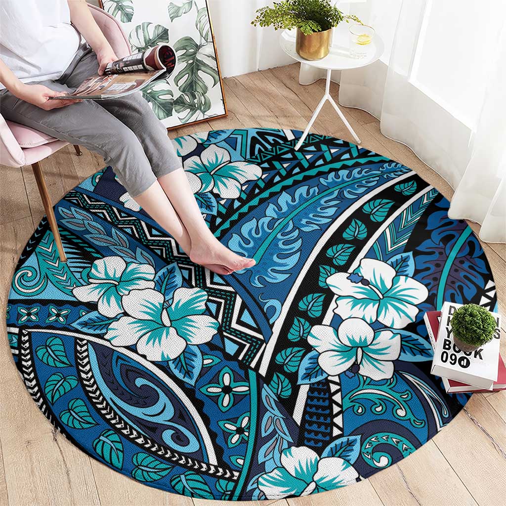 Polynesian Hibiscus Tropical Blue Floral Round Carpet Tribal Pattern LT01 - Polynesian Pride