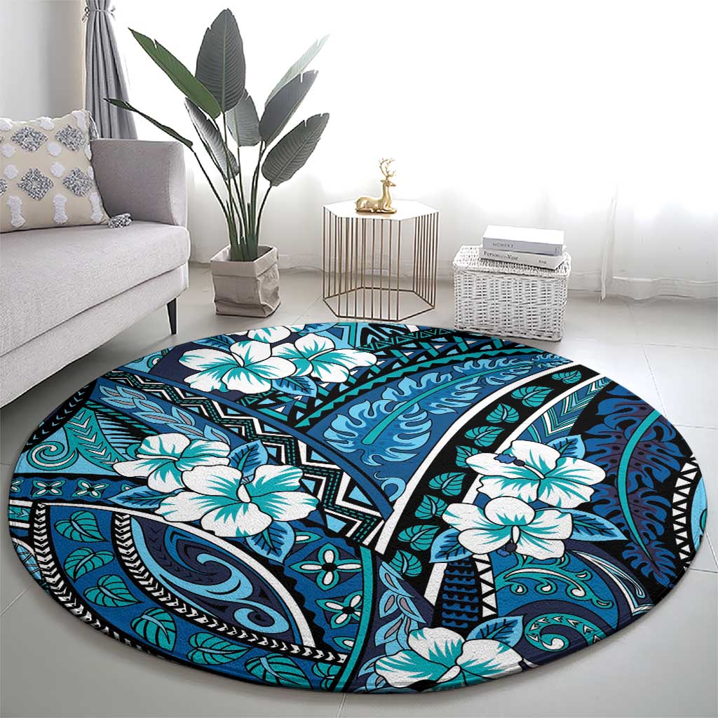 Polynesian Hibiscus Tropical Blue Floral Round Carpet Tribal Pattern LT01 - Polynesian Pride