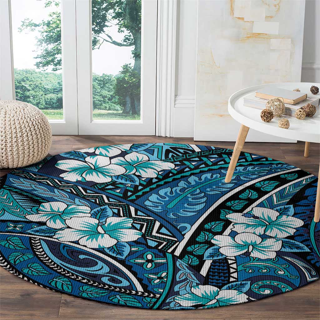 Polynesian Hibiscus Tropical Blue Floral Round Carpet Tribal Pattern LT01 - Polynesian Pride