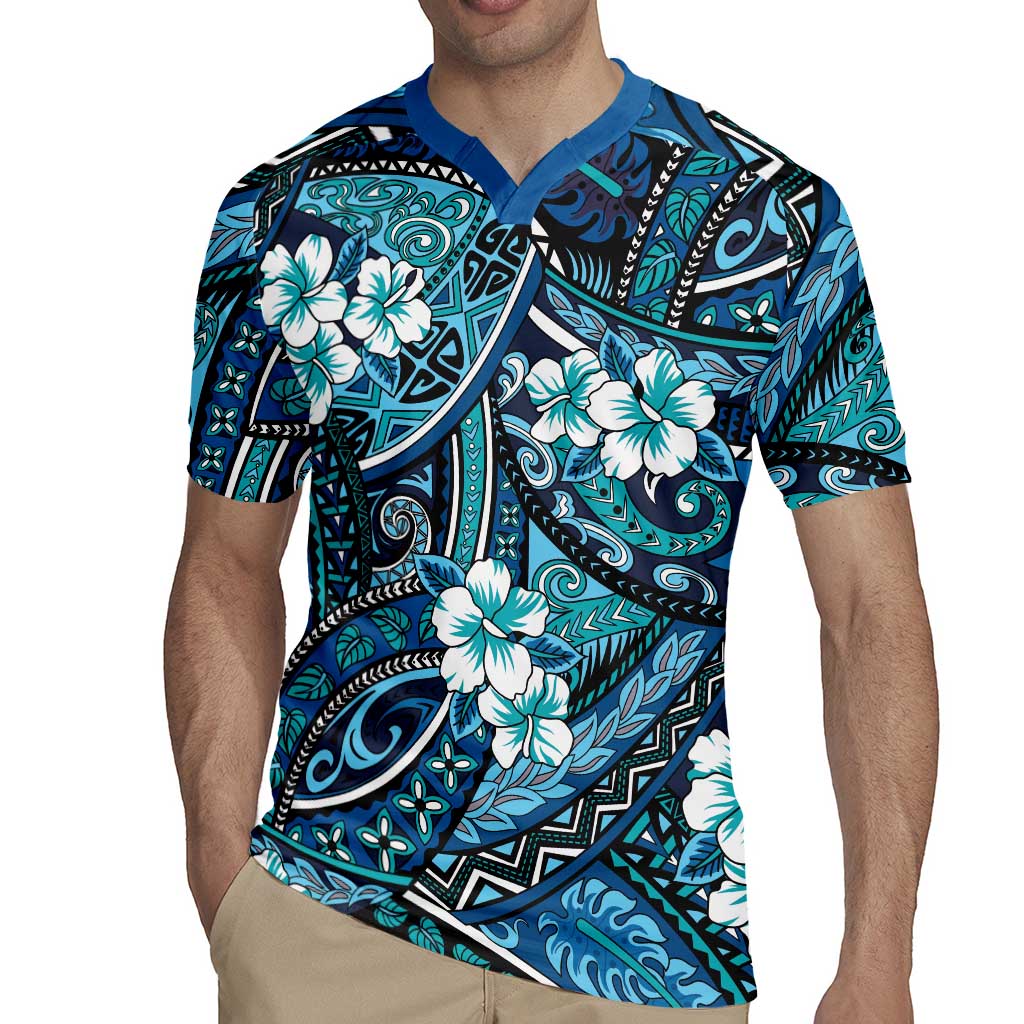 Polynesian Hibiscus Tropical Blue Floral Rugby Jersey Tribal Pattern - Polynesian Pride