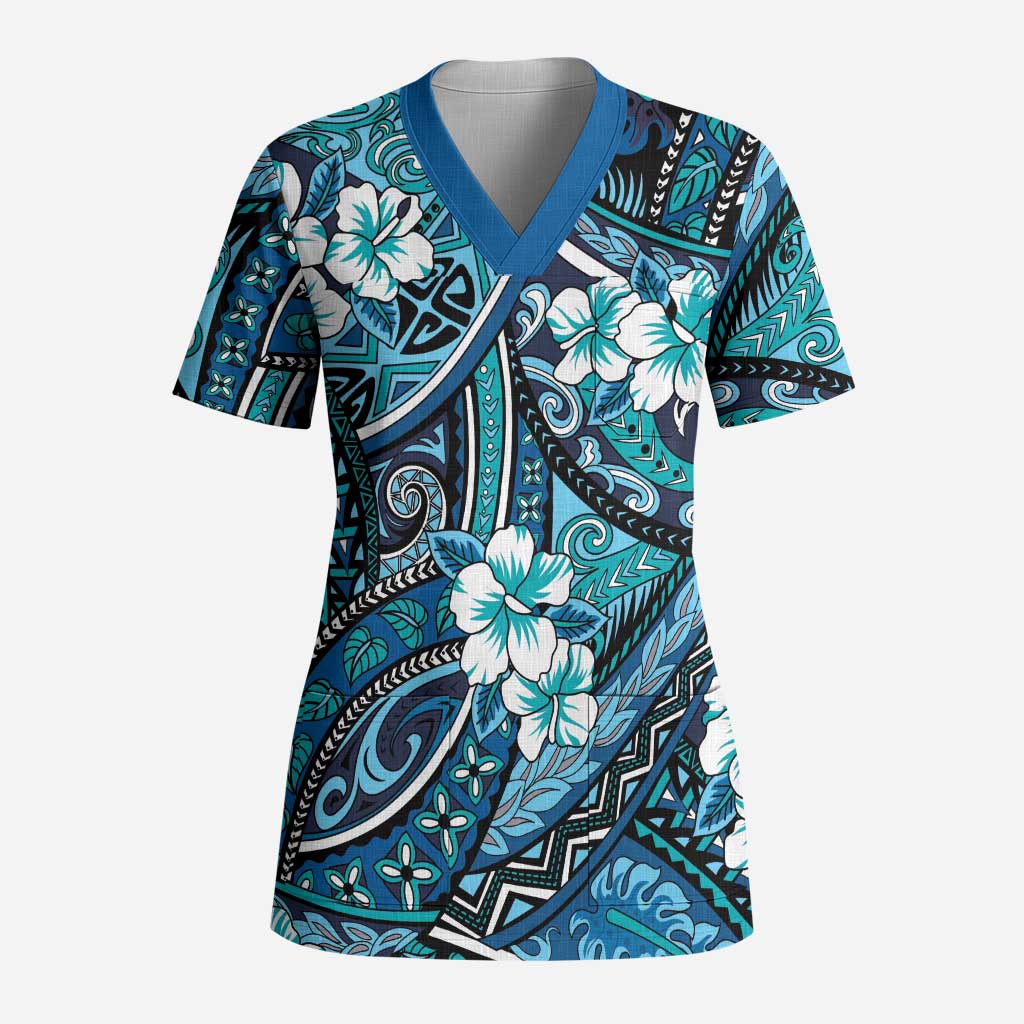 Polynesian Hibiscus Tropical Blue Floral Scrub Top Tribal Pattern - Polynesian Pride