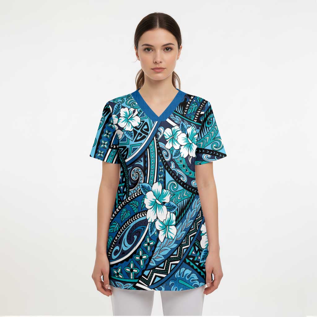 Polynesian Hibiscus Tropical Blue Floral Scrub Top Tribal Pattern - Polynesian Pride