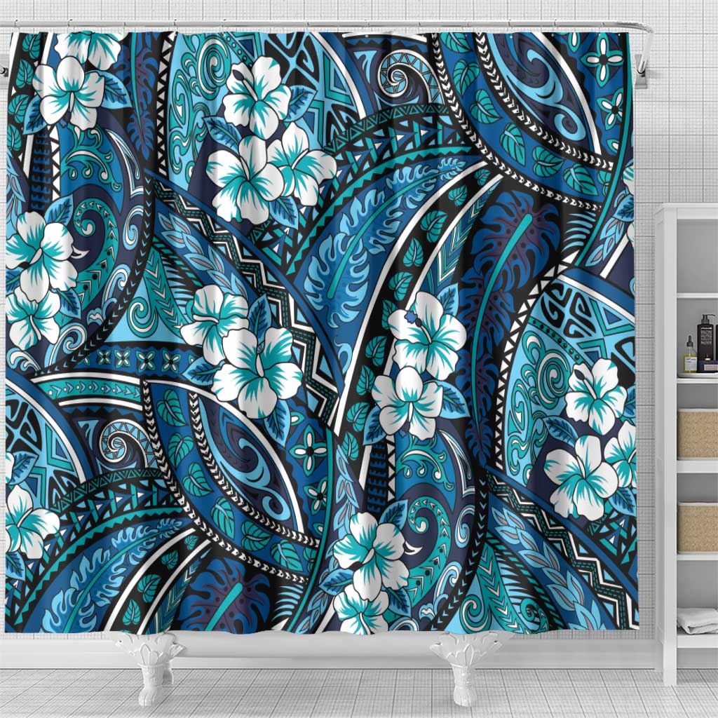 Polynesian Hibiscus Tropical Blue Floral Shower Curtain Tribal Pattern - Polynesian Pride
