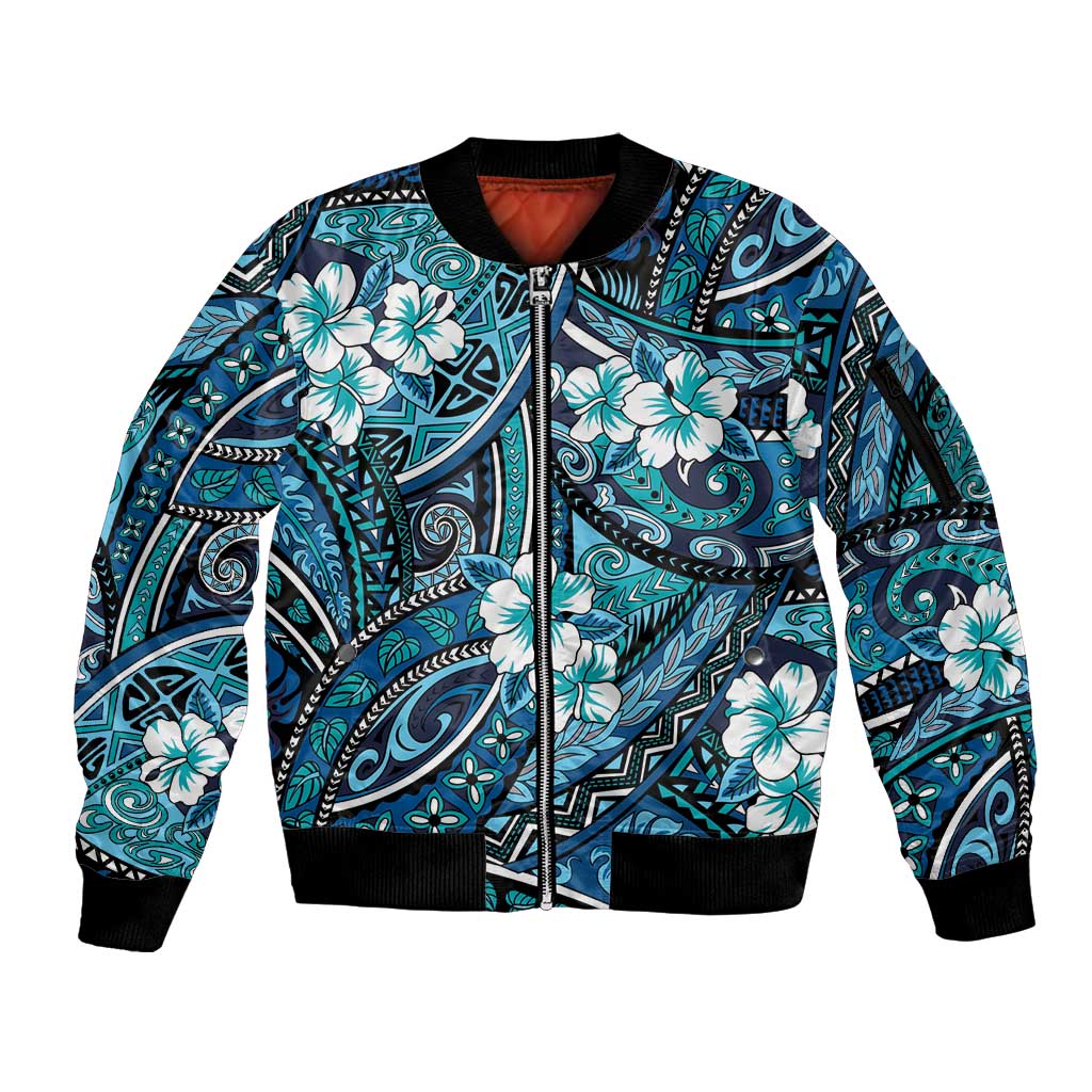 Polynesian Hibiscus Tropical Blue Floral Sleeve Zip Bomber Jacket Tribal Pattern LT01 Unisex Blue - Polynesian Pride