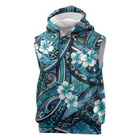 Polynesian Hibiscus Tropical Blue Floral Sleeveless Hoodie Tribal Pattern - Polynesian Pride