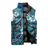 Polynesian Hibiscus Tropical Blue Floral Sleeveless Puffer Jacket Tribal Pattern - Polynesian Pride
