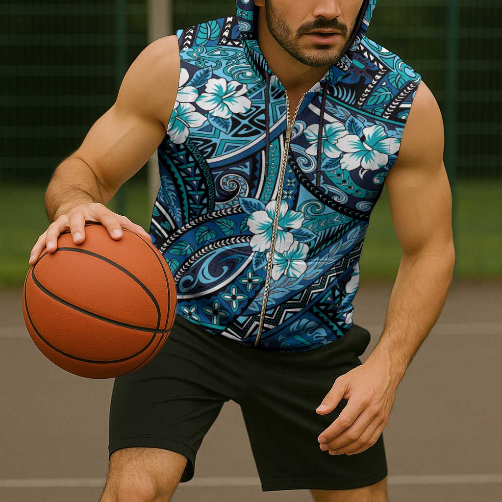 Polynesian Hibiscus Tropical Blue Floral Sleeveless Zip Hoodie Tribal Pattern - Polynesian Pride