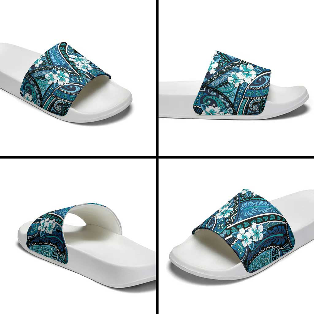 Polynesian Hibiscus Tropical Blue Floral Slide Sandals Tribal Pattern - Polynesian Pride