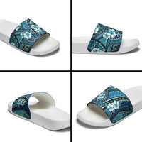 Polynesian Hibiscus Tropical Blue Floral Slide Sandals Tribal Pattern - Polynesian Pride
