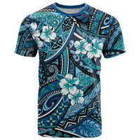 Polynesian Hibiscus Tropical Blue Floral T Shirt Tribal Pattern - Polynesian Pride