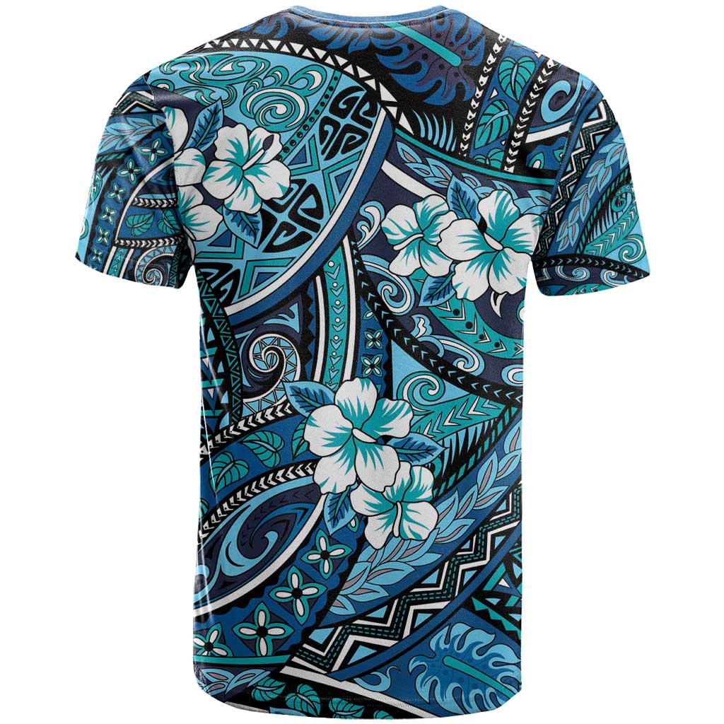 Polynesian Hibiscus Tropical Blue Floral T Shirt Tribal Pattern - Polynesian Pride