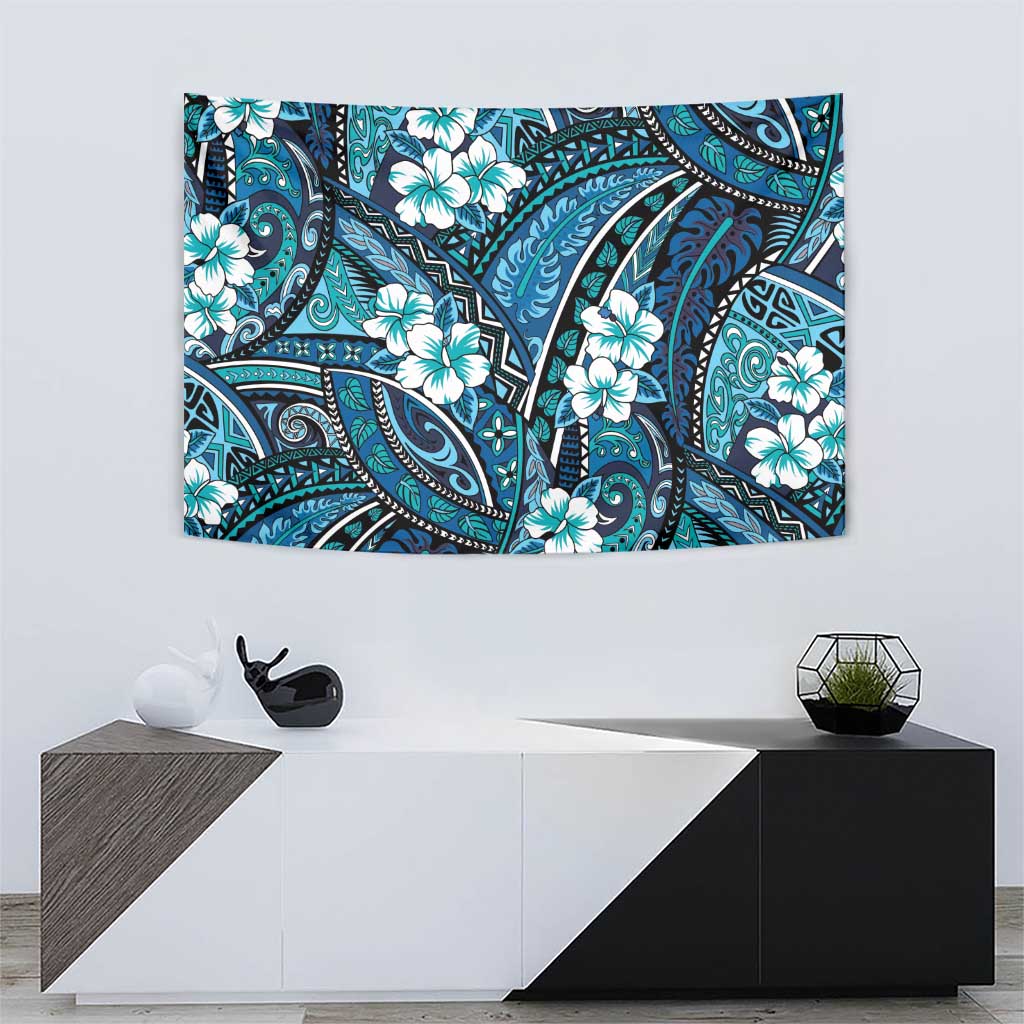 Polynesian Hibiscus Tropical Blue Floral Tapestry Tribal Pattern - Polynesian Pride