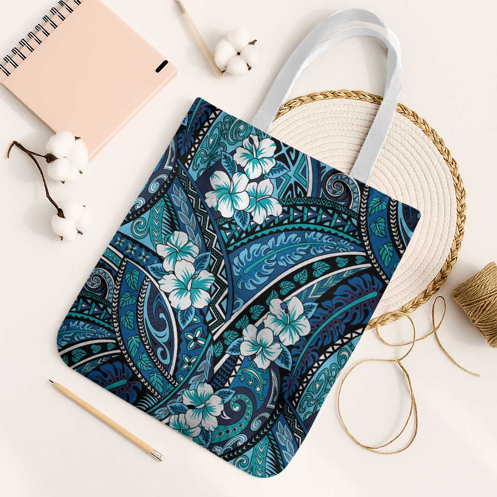 Polynesian Hibiscus Tropical Blue Floral Tote Bag Tribal Pattern - Polynesian Pride