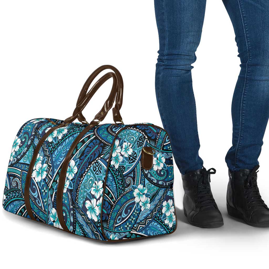 Polynesian Hibiscus Tropical Blue Floral Travel Bag Tribal Pattern - Polynesian Pride
