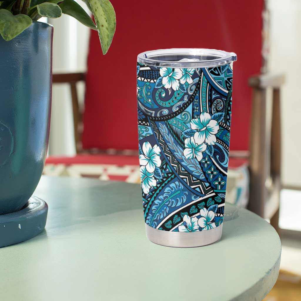 Polynesian Hibiscus Tropical Blue Floral Tumbler Cup Tribal Pattern - Polynesian Pride