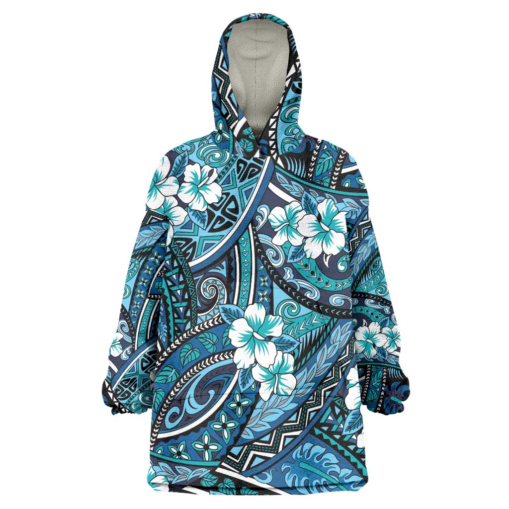 Polynesian Hibiscus Tropical Blue Floral Wearable Blanket Hoodie Tribal Pattern - Polynesian Pride
