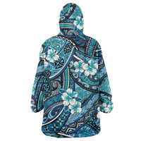 Polynesian Hibiscus Tropical Blue Floral Wearable Blanket Hoodie Tribal Pattern - Polynesian Pride