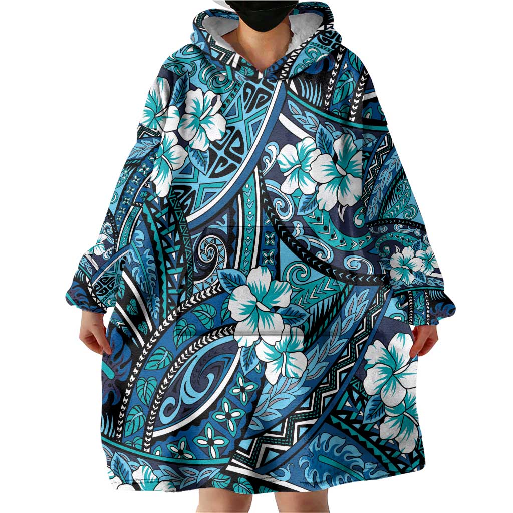 Polynesian Hibiscus Tropical Blue Floral Wearable Blanket Hoodie Tribal Pattern - Polynesian Pride