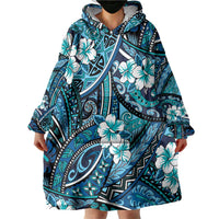 Polynesian Hibiscus Tropical Blue Floral Wearable Blanket Hoodie Tribal Pattern - Polynesian Pride