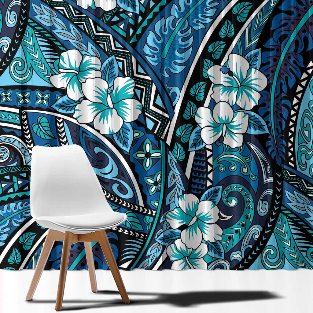 Polynesian Hibiscus Tropical Blue Floral Window Curtain Tribal Pattern - Polynesian Pride
