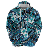 Polynesian Hibiscus Tropical Blue Floral Zip Hoodie Tribal Pattern - Polynesian Pride
