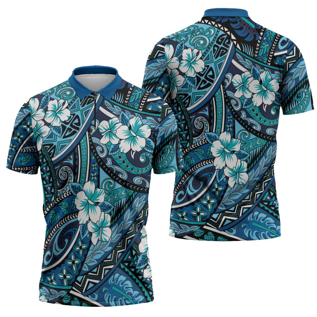 Polynesian Hibiscus Tropical Blue Floral Zipper Polo Shirt Tribal Pattern - Polynesian Pride