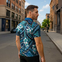 Polynesian Hibiscus Tropical Blue Floral Zipper Polo Shirt Tribal Pattern - Polynesian Pride