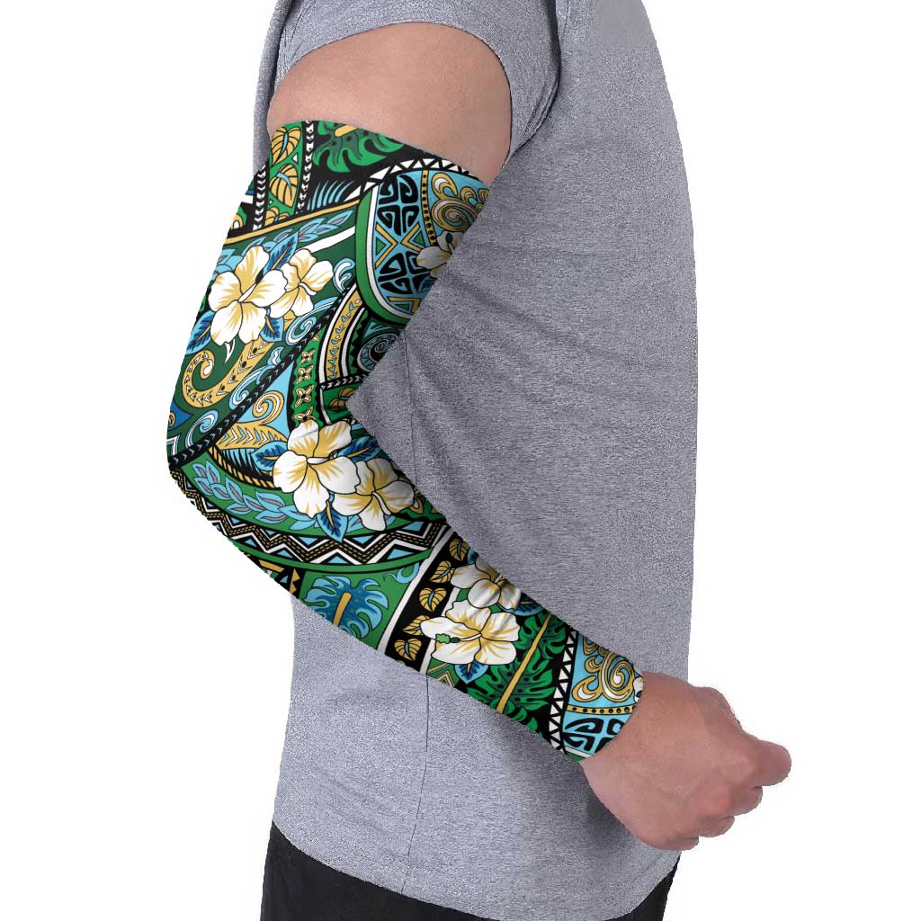 Polynesian Hibiscus Tropical Green Floral Arm Sleeves Tribal Pattern - Polynesian Pride