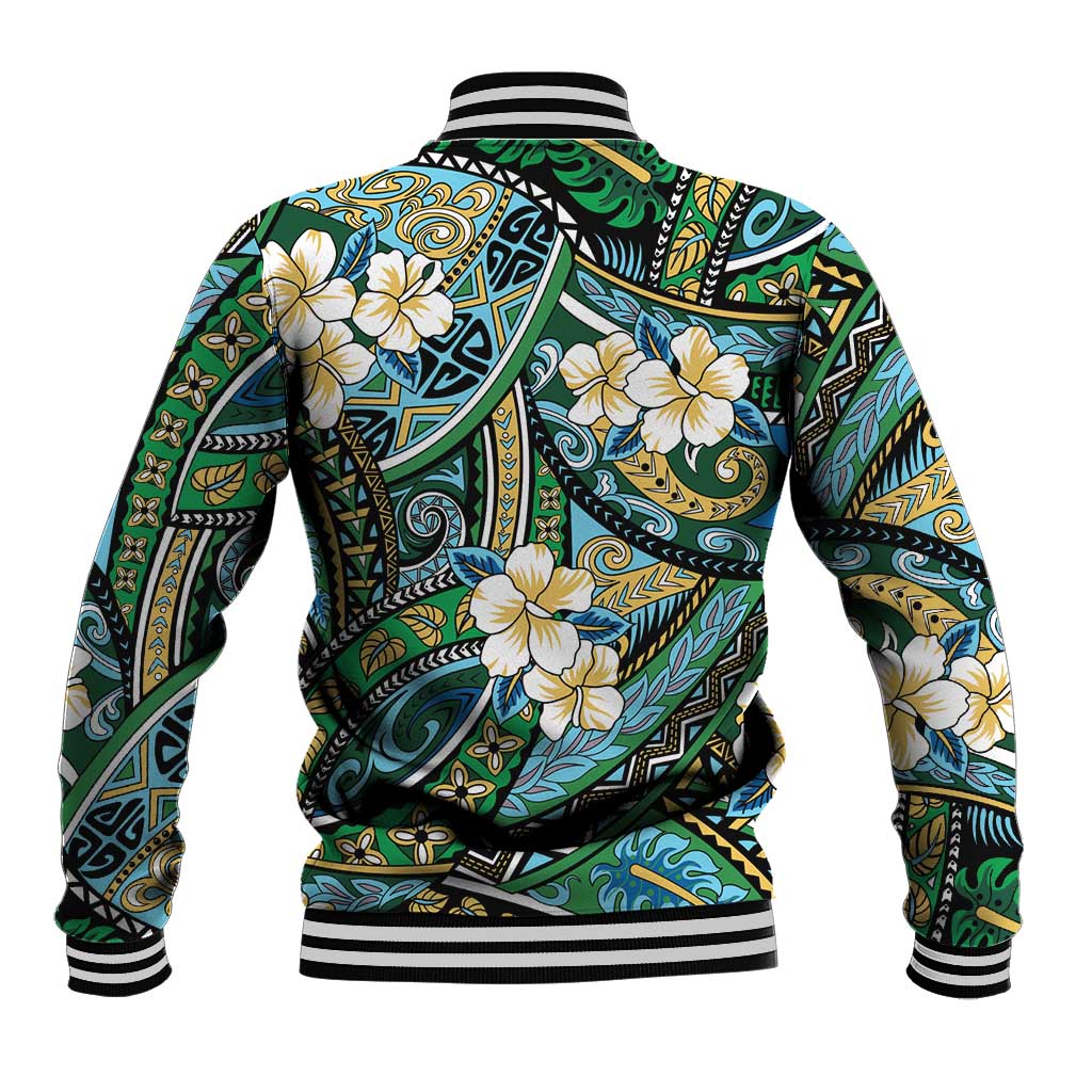 Polynesian Hibiscus Tropical Green Floral Baseball Jacket Tribal Pattern - Polynesian Pride