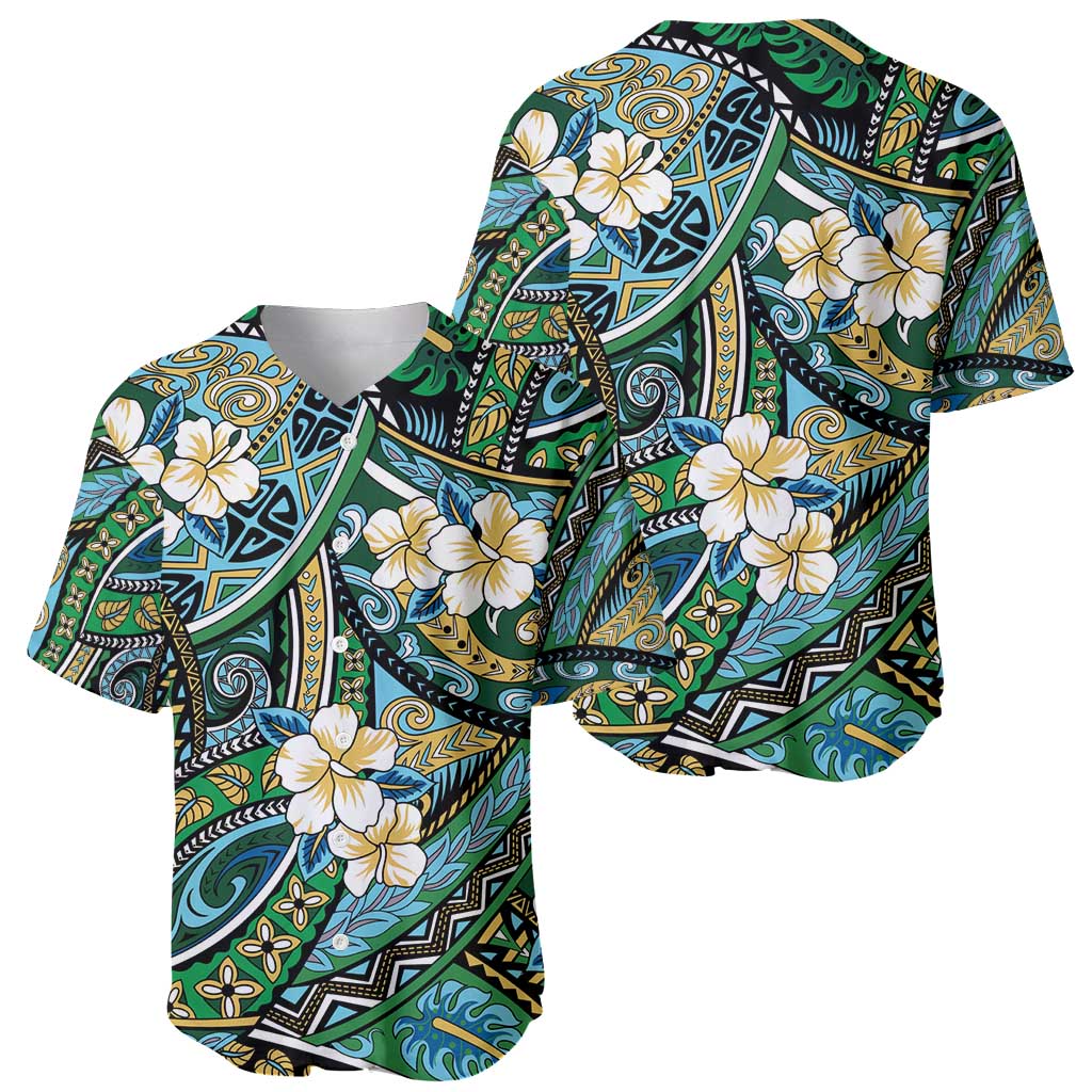 Polynesian Hibiscus Tropical Green Floral Baseball Jersey Tribal Pattern LT01 - Polynesian Pride