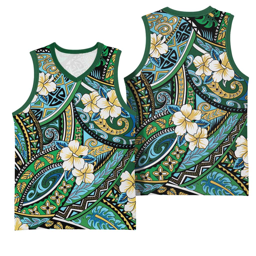 Polynesian Hibiscus Tropical Green Floral Basketball Jersey Tribal Pattern - Polynesian Pride