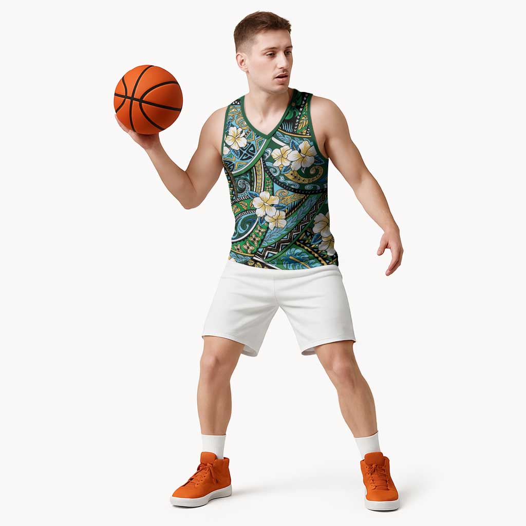 Polynesian Hibiscus Tropical Green Floral Basketball Jersey Tribal Pattern - Polynesian Pride