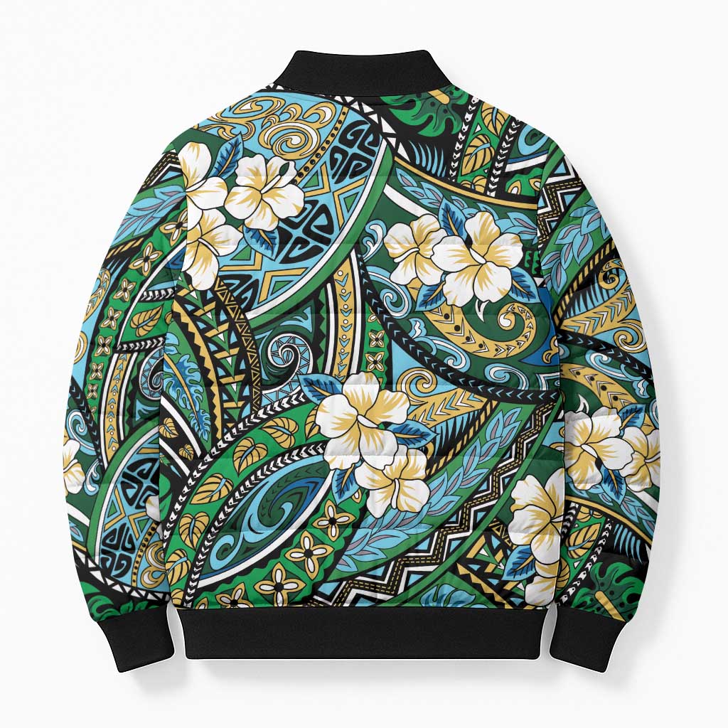 Polynesian Hibiscus Tropical Green Floral Bomber Puffer Jacket Tribal Pattern - Polynesian Pride