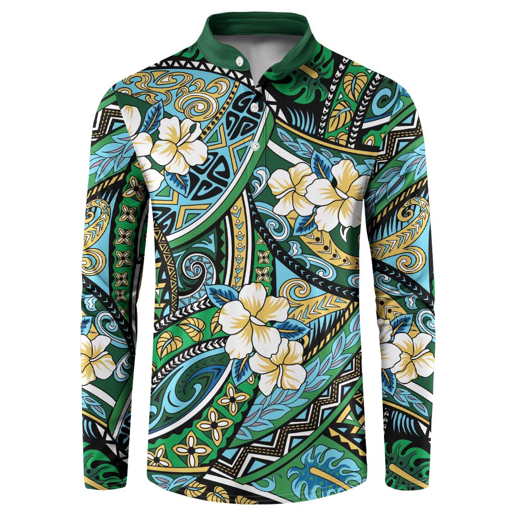 Polynesian Hibiscus Tropical Green Floral Button Sweatshirt Tribal Pattern - Polynesian Pride