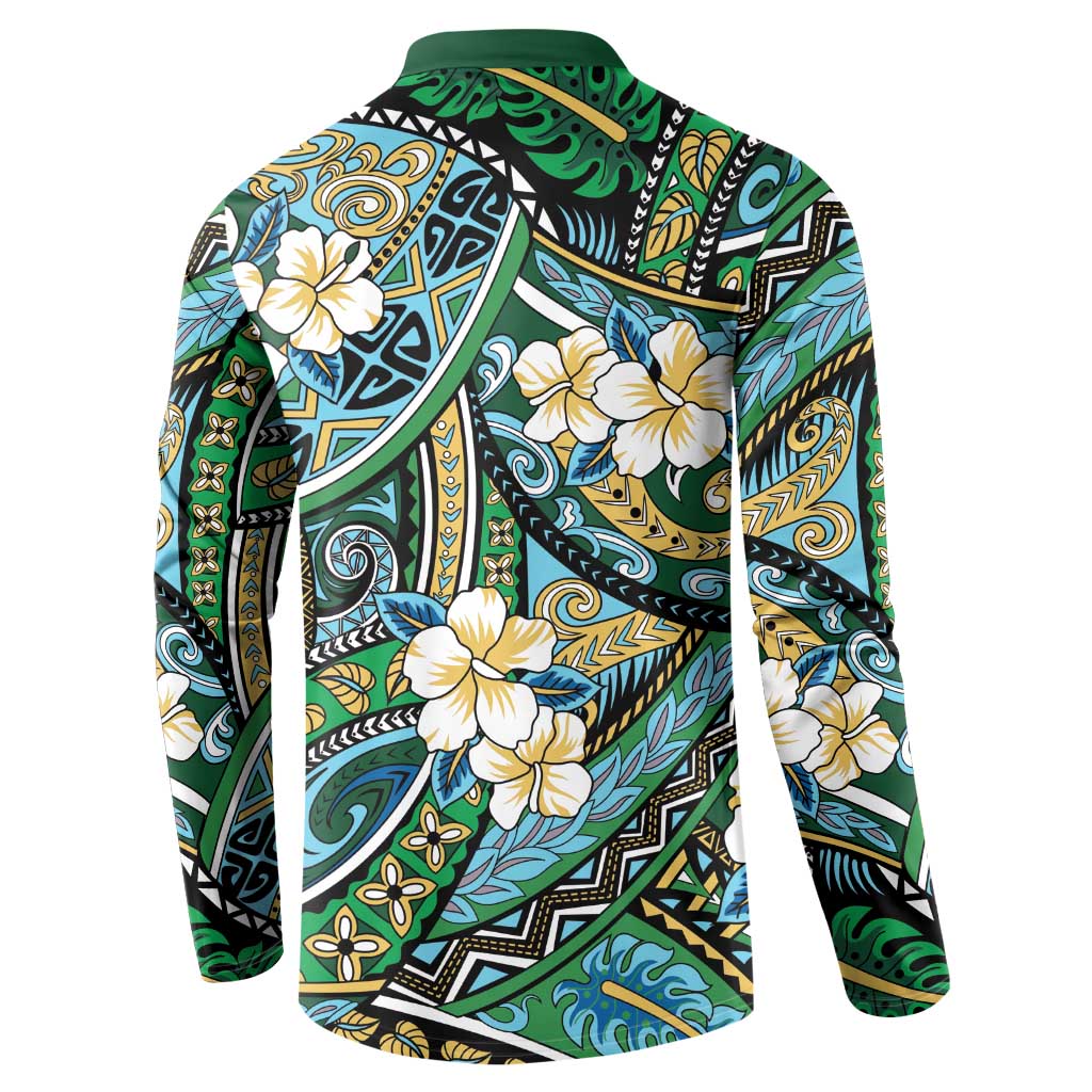 Polynesian Hibiscus Tropical Green Floral Button Sweatshirt Tribal Pattern - Polynesian Pride