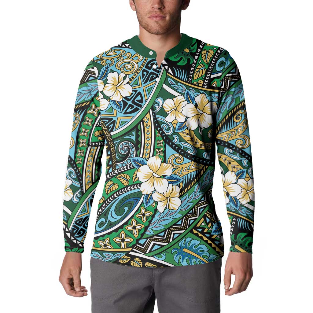 Polynesian Hibiscus Tropical Green Floral Button Sweatshirt Tribal Pattern - Polynesian Pride
