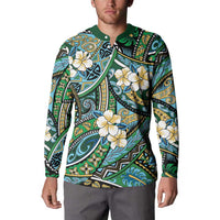 Polynesian Hibiscus Tropical Green Floral Button Sweatshirt Tribal Pattern - Polynesian Pride