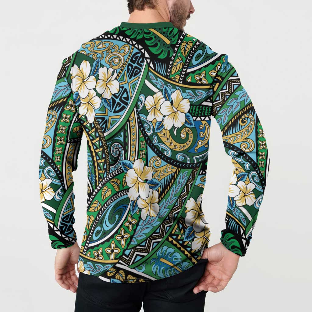 Polynesian Hibiscus Tropical Green Floral Button Sweatshirt Tribal Pattern - Polynesian Pride