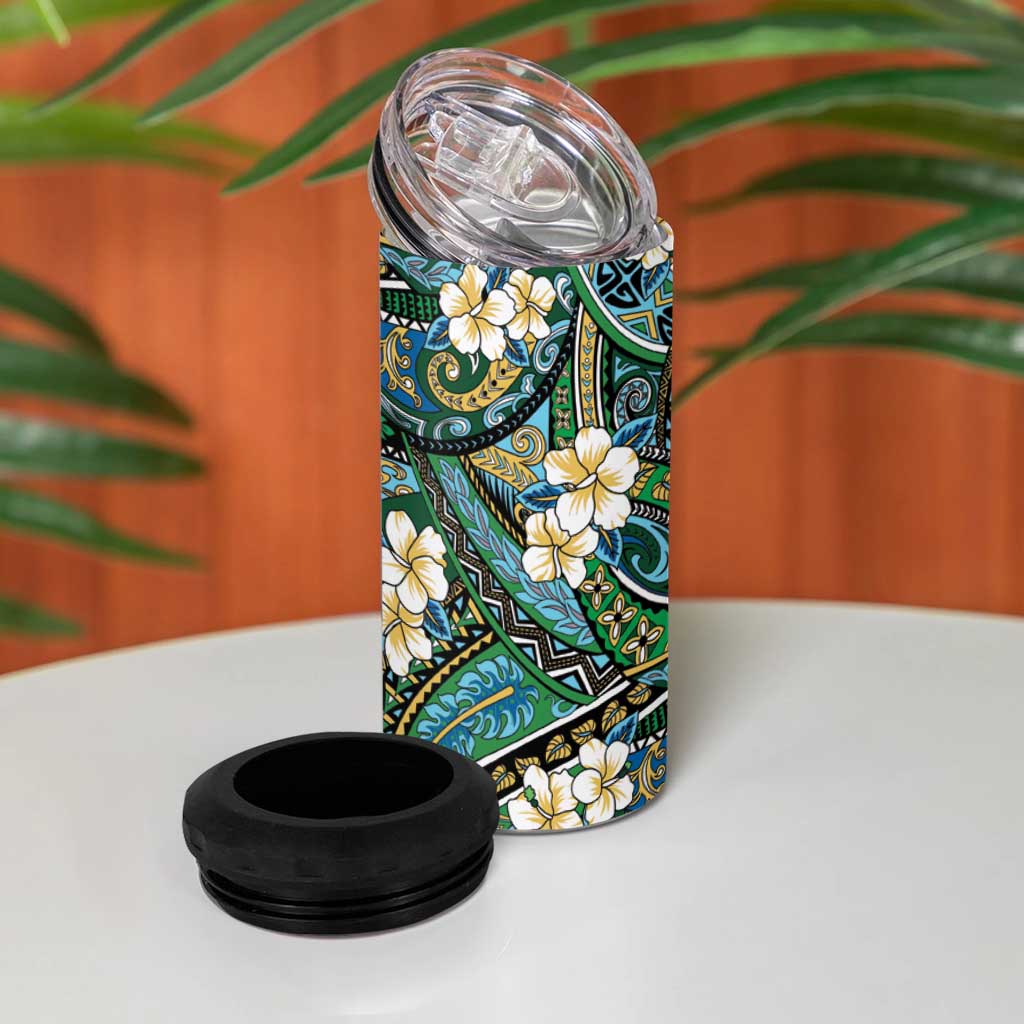 Polynesian Hibiscus Tropical Green Floral 4 in 1 Can Cooler Tumbler Tribal Pattern LT01 - Polynesian Pride