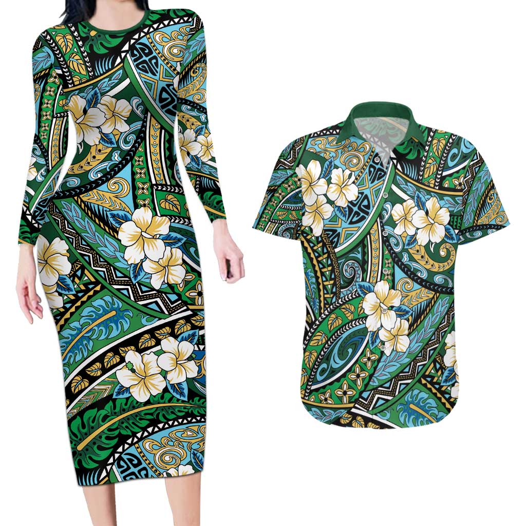 Polynesian Hibiscus Tropical Green Floral Couples Matching Long Sleeve Bodycon Dress and Hawaiian Shirt Tribal Pattern - Polynesian Pride