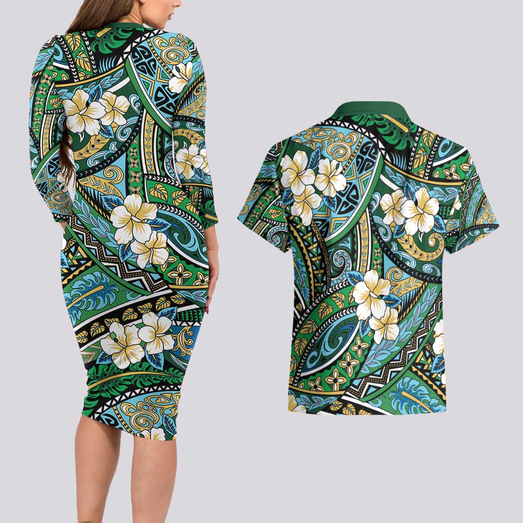 Polynesian Hibiscus Tropical Green Floral Couples Matching Long Sleeve Bodycon Dress and Hawaiian Shirt Tribal Pattern - Polynesian Pride
