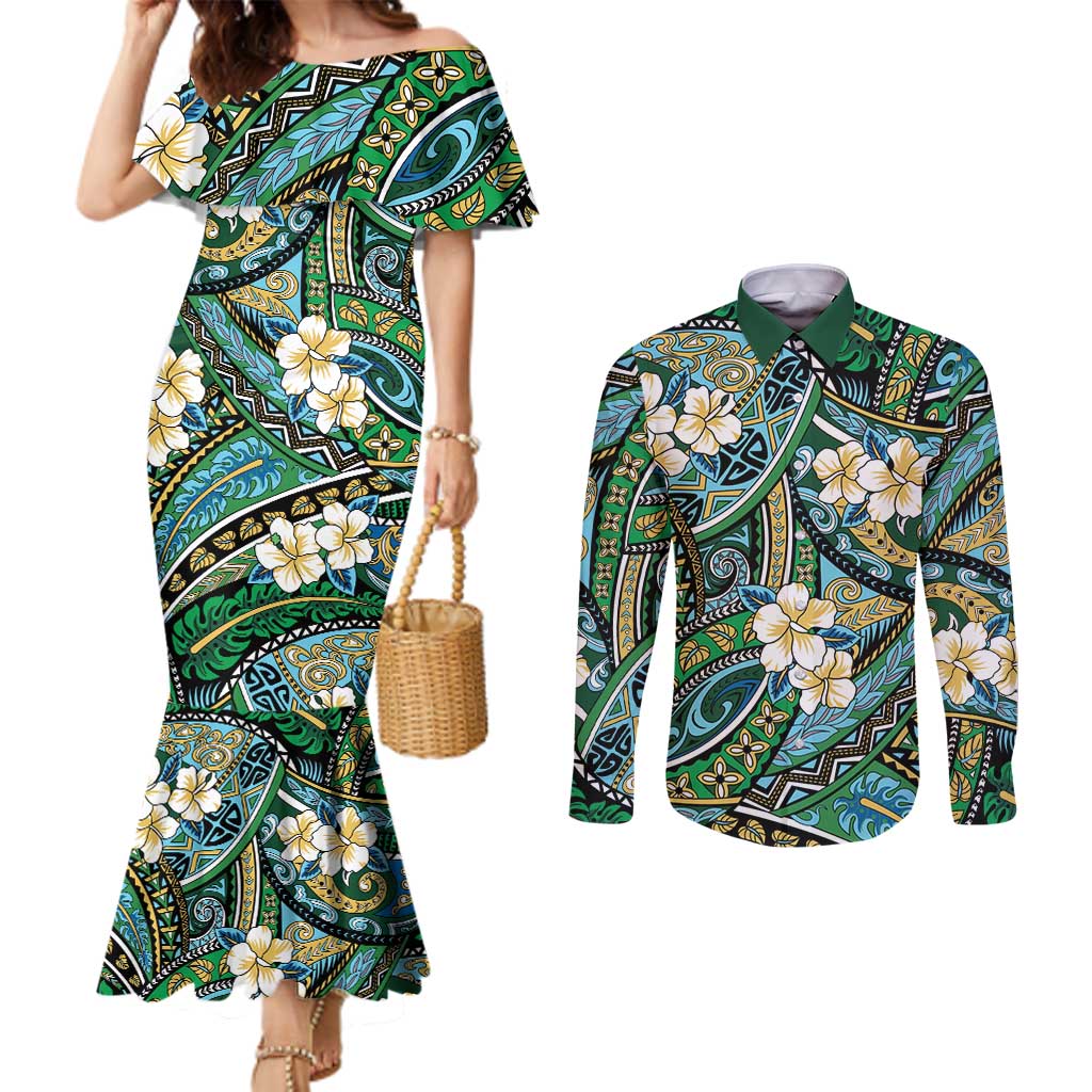 Polynesian Hibiscus Tropical Green Floral Couples Matching Mermaid Dress and Long Sleeve Button Shirt Tribal Pattern - Polynesian Pride