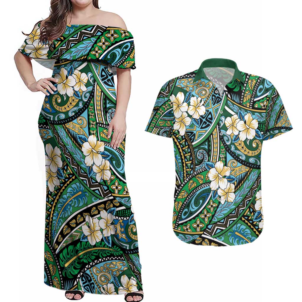 Polynesian Hibiscus Tropical Green Floral Couples Matching Off Shoulder Maxi Dress and Hawaiian Shirt Tribal Pattern - Polynesian Pride