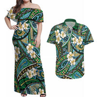 Polynesian Hibiscus Tropical Green Floral Couples Matching Off Shoulder Maxi Dress and Hawaiian Shirt Tribal Pattern - Polynesian Pride