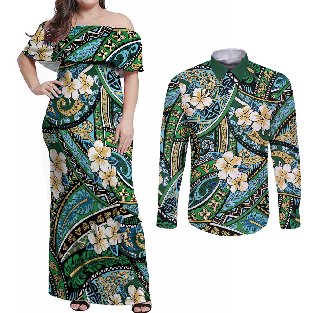 Polynesian Hibiscus Tropical Green Floral Couples Matching Off Shoulder Maxi Dress and Long Sleeve Button Shirt Tribal Pattern - Polynesian Pride
