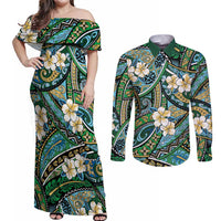 Polynesian Hibiscus Tropical Green Floral Couples Matching Off Shoulder Maxi Dress and Long Sleeve Button Shirt Tribal Pattern - Polynesian Pride
