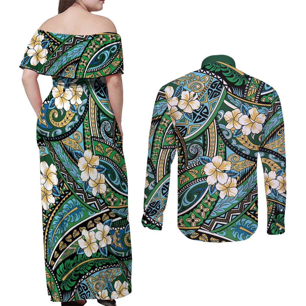 Polynesian Hibiscus Tropical Green Floral Couples Matching Off Shoulder Maxi Dress and Long Sleeve Button Shirt Tribal Pattern - Polynesian Pride