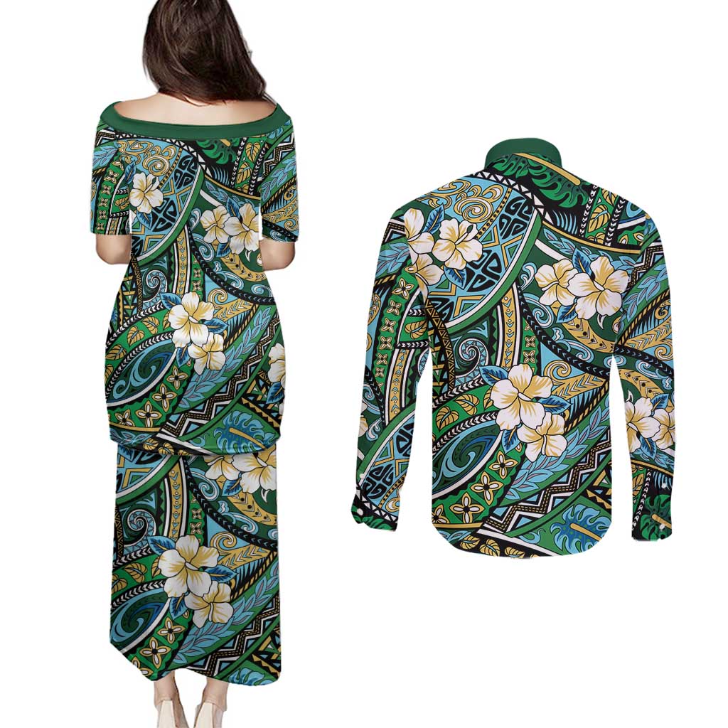 Polynesian Hibiscus Tropical Green Floral Couples Matching Puletasi and Long Sleeve Button Shirt Tribal Pattern - Polynesian Pride